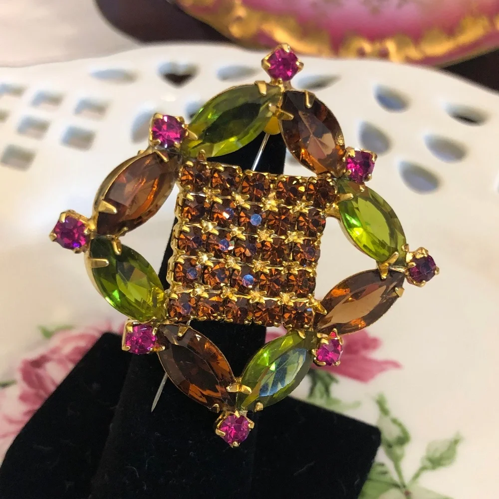 Vintage Green and Pink‎ Rhinestone Brooch